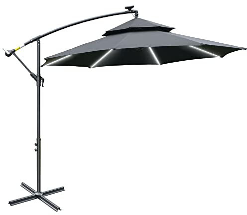 Outsunny 3(m) Cantilever Banana Parasol Hanging Umbrella with Double Roof, LED Solar lights, Crank, 8 Sturdy Ribs and Cross Base for Outdoor, Garden, Patio, Black
