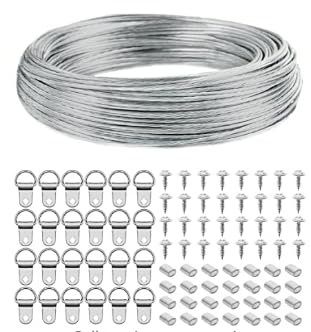 Cavo Acciaio Inox, 30 m Filo Acciaio Inox Intrecciato, Corda Cavo per Appendere Quadri Specchi Foto, Filo/Cavo in Acciaio Inossidabile, con Gancio ad Anello a D, Manicotto a Crimpare, Viti