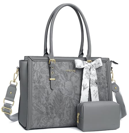 MOSISO Sac Ordinateur Femme 15-15,6 Pouces,Sac Fourre-tout en Cuir PU Compatible avec MacBook,HP,Dell,Asus,Sac PC Portable Rétro Hibiscus Gaufré avec Écharpe Soie&Pochette,Gris
