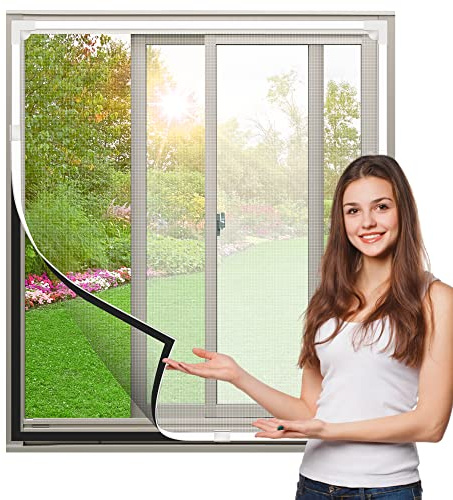 Adjustable DIY Magnet Fly Window Screens Max 130x150CM Fiberglass Mesh, Removable Anti-Mosquito Screens Keep Out Bugs/Flies/Mosquitoes (White Frame, Grey Encrypted Mesh)