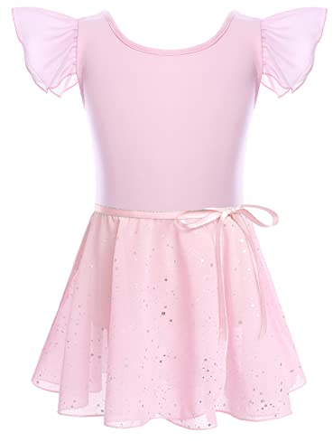 Gymnastik Trikots für Mädchen Ballettkleidung Kinder Ballett Tanz Kleid Bodysuit mit Chiffon Wrap Rock Baumwolle Criss-Cross U-Rücken Tütü Tanzoutfit Rhythmische Sportgymnastik Anzug Rosa 6-7 Jahre