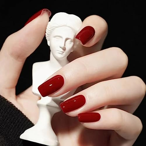 Ceboic 24 Pcs Carrés Faux Ongles Court, Glossy Glänzend Ongles à Coller Couleur Pure French Press on Nails, Acrylique Pleine Couverture Ongles à Presser 12 Tailles pour Femmes et Filles (Rouge Vin)