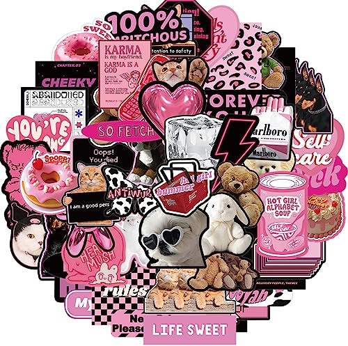 Cool But Cute Y2K Aufkleber (55 Stück) – Kawaii, Schwarz & Rosa, wasserdicht, Aufkleber für Kinder, Mädchen, Teenager, Laptop, Wasserflasche, Fahrräder, Gepäck, Handyhülle (schwarz pink)