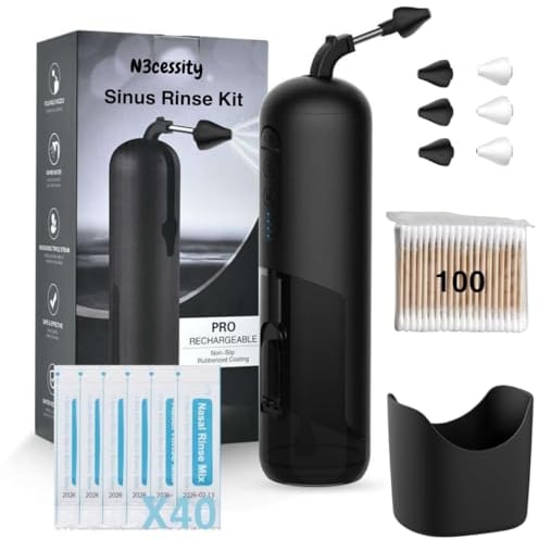 Sinus Rinse Kit - Cordless Nasal Rinse Machine for Sinus Relief & Nasal Care, Electric Neti Pot with 6 Tips, 40 Salt Packs and 100 Cotton Swabs Nasal Irrigation Sinus Cleaner Machine for Adult & Kid