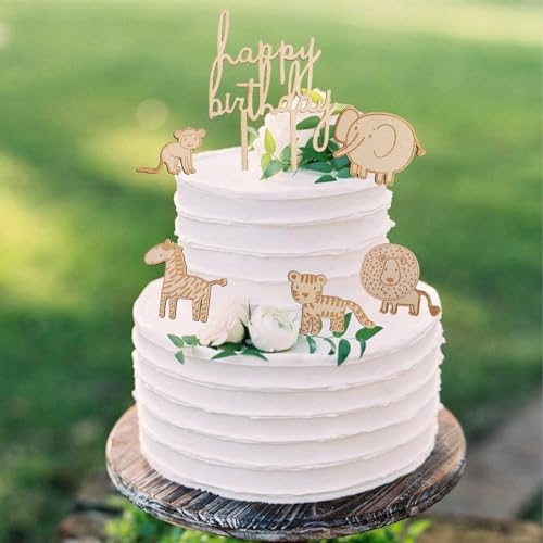 ALEGRE Happy Birthday Tortendeko Holz Tiere Cake Topper Geburtstag,6 Stück Holz Tiere Kuchendeko Geburtstag,Löwen Tortendeko Geburtstag,Giraffen,Tiger,Elefanten Torten Topper für Mädchen Jungen