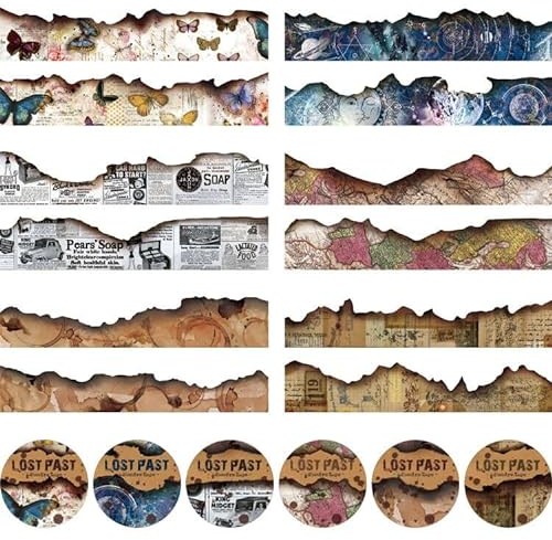 PHIEZC Washi Tape Vintage, Scrapbook-Zubehör, Washi Tape, Washi Tape-Set mit verbrannten Kanten,junk journal, Grunge-Magazine, für DIY-Dekoration, 6 Rollen