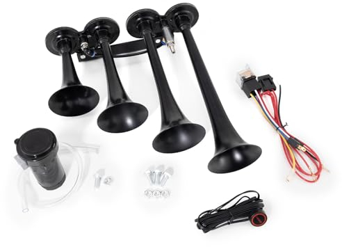 FARBIN LKW Luft Horn 150DB Zug hupe 12V 4 Trompete Auto hupen für LKW Super Laute Luft Horn mit Kompressor für Fahrzeug Auto Pickup Jeep SUV Boot (schwarz Parallel 4-Rohr mit Luftkompressor 12V)