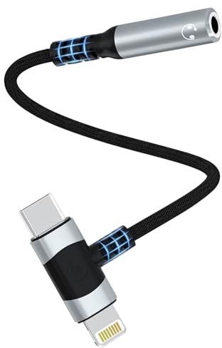 ZUOQIANG Headphone Adapter 2-in-1, Lightning & USB-C to 3.5mm Headphone Adapter, for Type-C Devices, i-Products, i-Phone, Samsung Galaxy, Huawei (Black)