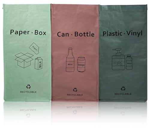 3 Packs Reusable Waterproof Recycling Bin Bags with Handle, Indoor and Outdoor Separate Waste Sorting Organiser Recycling Bags, Reusable Storage for Kitchen Home Office