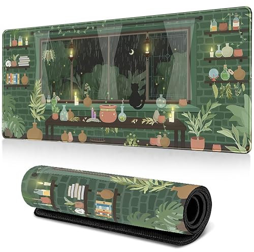 Niedliches Gaming Mauspad XXL, Grüner Schreibtisch Matte 800x300mm Rutschfeste Gummibasis, Wasserabweisend Schreibtischunterlage für Home Office (Mond Kätzchen)