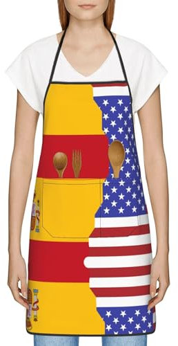 KSANNNS Delantal de bolsillo con la bandera de España americana, delantal de cocina para hombres y mujeres, blanco, Talla única