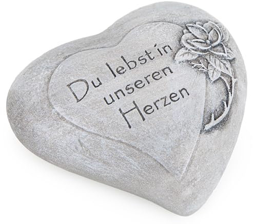 Logbuch-Verlag Trauer Herz Du lebst in unseren Herzen als Grabschmuck & Grabdekoration frostsicher grau 11 x 10 x 4 cm