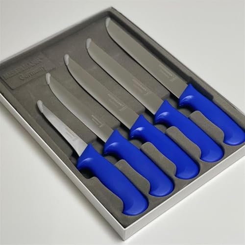 AZVAR Couteau Boucher Professionnel en Inox - 5 Pièces Couleur Bleu - Steack, Viande - Couteau à Désosser - Lame de 13 à 23cm,