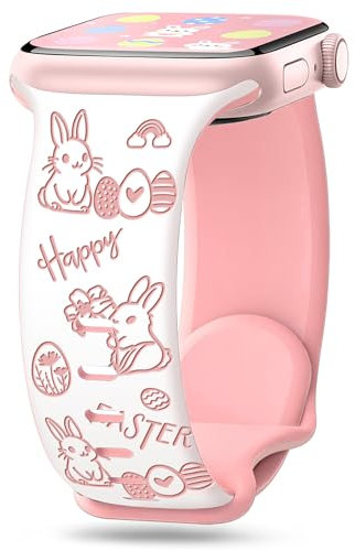 Aniaboho Kompatibel mit Urlaub Apple Watch 10 Armband 42mm(Series 10) 40mm 41mm 38mm, Niedlich Ostern Damen Silikon iWatch Armband für Apple Watch Ultra 2 1 SE 10 9 8 7 6 5 4 3 2 Armband, Weiße & Rosa