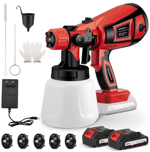 Cordless Paint Sprayer with 21V Battery, Fence Paint Sprayer with 5 Nozzles and 3 Spray Patterns, Handheld HVLP Paint Gun with 2x3000mAh Batteries & Charger for Fence, Walls, Ceilings, Home Painting