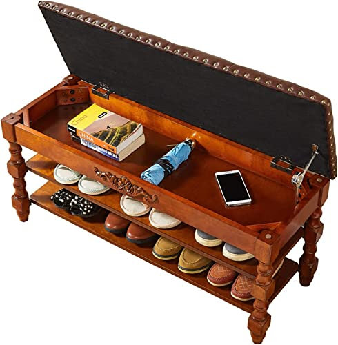 Vintage 3-stöckige Holzbank, Diele, Schuhständer mit Ledersitzkissen, Multifunktionale Flurschuh-Organizer Nuss Finish, 80 x 35 x