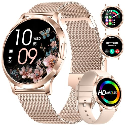 HIRREO Smartwatch Damen 7,9mm Dünner 1.32 HD AMOLED Telefonischer Anruf Elegant Smart Watch für iOS Android Rosegold Fitnessuhr,Menstruationszyklus,Gesundheitsüberwachung,100+ Sportmodi Sportuhr