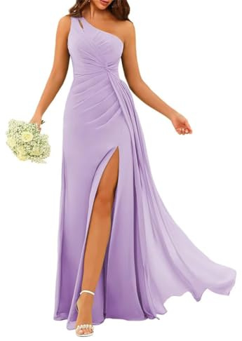 SAYNO Vestido de dama de honor de gasa para mujer, con abertura, plisado, vestido de fiesta de cóctel, Lila, 38