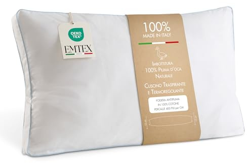 EMTEX Cuscino Letto in PIUMA D'OCA 100% Naturale Guanciale Morbido e Traspirante in COTONE Parcalle Cuciture Premium Made in Italy (1, BIANCO cuciture AZZURRO)
