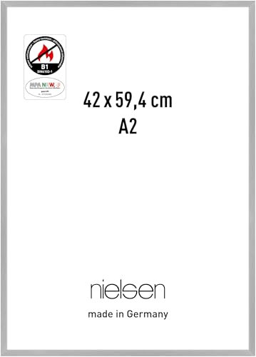 nielsen Bilderrahmen mit Brandschutz B1, 42 x 59,4 cm (A2), Aluminium, Silber matt, Posterrahmen zum Aufhängen im Hoch- & Querformat, Echtglas, C2-B1