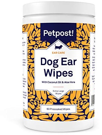 Petpost | Lingettes nettoyantes pour oreilles de chien – Tampons en coton ultra doux XL dans une solution d'huile de noix de coco et d'aloès – Remède pour le rinçage et le nettoyant d'oreille de chien