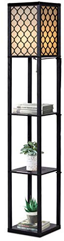 GOPLUS Lampadaire Intérieur 1,6M avec Tablettes de Rangement à 3 Niveaux, Lampe sur Pied, Abat-jour en Tissu, Ampoule E27+60W(NON Inclue), Socle Ø26CM, pour Salon/Bureau/Chambre (Noir avec grille)
