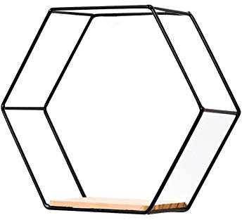 Napacoh Sechseckiges Geometrisches Eisengitter-Wandregal, Dekoratives Hängendes Display Für Sammlerstücke, Fotorahmen, Pflanzen Schwarz S.