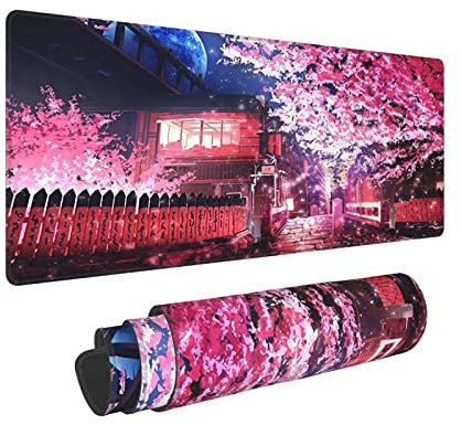 Tapis de souris japonais Sakura - 80 x 30 cm - XL - Fleur de cerisier rose - Base en caoutchouc antidérapant - Bords cousus - Imperméable - Pour bureau, maison, jeux