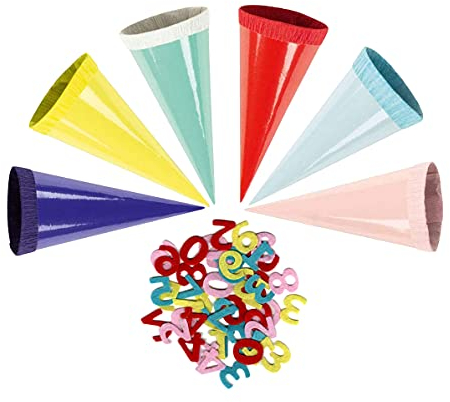 Stylex 47163 - Dekotüten, kleine Schultüten, 6 Stück farbig Sortiert, jeweils 12 cm groß, ideal als Dekoration für den Schulanfang, zum Befüllen mit kleinen Süßigkeiten (18 St. Dekotüten mit Ziefern)