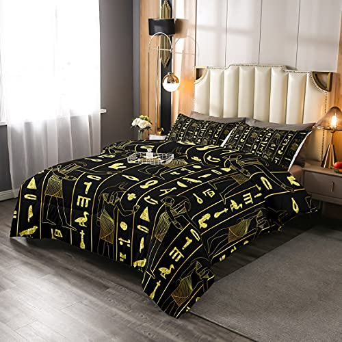 Loussiesd Antikes Ägypten Steppbett Ägyptische Symbol 4-Jahreszeiten Bettdecke Vintage Pharao Pyramide Bettdecke 200x200cm Boho Stammes mit 2 Kissenbezüge Gold Schwarz