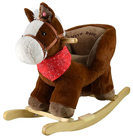 Sport1 Pony Schaukelpferd mit Sound Schaukelpferd für Kinder +10 Monate aus Plüsch und Holz Soundeffekte Kinder 68x33x50cm Komfortsitz mit integrierter Rückenlehne Braun Geschenkidee