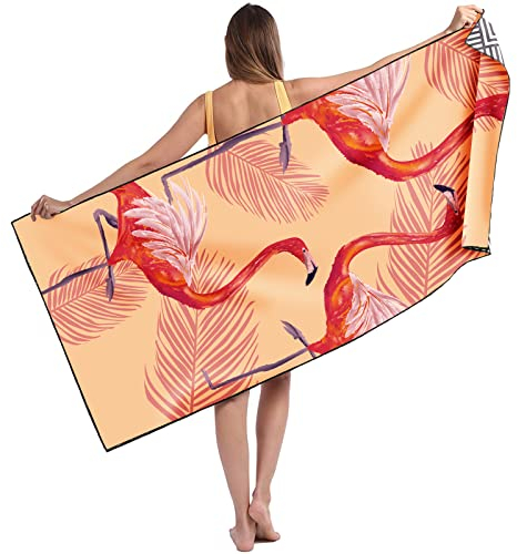 Runmeihe Strandtuch, 80 x 180cm Extra großes Mikrofaser Strandtuch für Erwachsene, Doppelseitiges Sandfreies Schnelltrocknend Leichtes Handtuch für Strand Schwimmen Flamingo - Orange