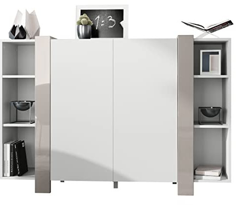 Vladon Highboard Ida V2, Made in Germany, Anrichte mit 12 Fächern, Korpus in Weiß matt, Blenden in Sandgrau Hochglanz (149 x 101 x 34 cm) | Große Farbauswahl