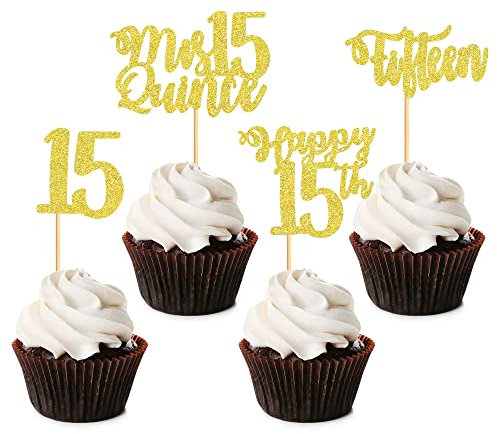 Blumomon Gold Glitter 15. Geburtstag Cupcake Topper Happy Birthday Sweet 15 Cupcake Toppers Happy 15th Cake Decorations for 15th Birthday Mis Quince 15 Theme Party Supplies