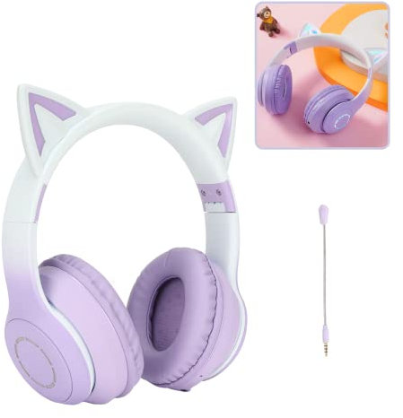 Casque Chat, casque sans fil Bluetooth 5.1 Chat, câble AUX 3.5mm, casque pliable, bandeau ajustable, mic détachable, 7 couleurs de lumières LED et 4 modes LED, convient aux filles et adultes (Violet)