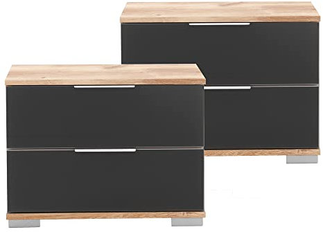 Lomadox Schlafzimmer 2er Set Nachttisch Nachtschrank für Boxspringbett in Plankeneiche Nb. mit grauem Glas, B/H/T ca. 52/40/38 cm