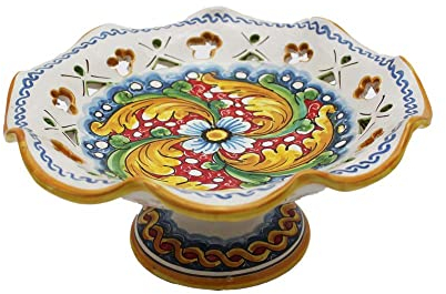 Centrotavola alzata media in ceramica siciliana giallo rosso blu di santo stefano di camastra decorata a mano Fiore rosso Art 4