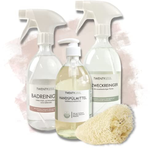 Set Allzweckreiniger, Badreiniger, Spülmittel mit Luffaschwamm Reiniger in Glasflasche nachhaltig Allesreiniger Sanitärreiniger Handspülmittel