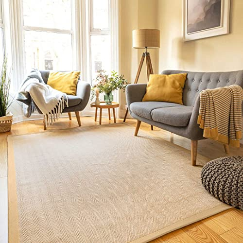 Sustainable Beige Cotton Border Herringbone Soft Natural Jute Area Rug Durable Flatweave Mat Sisal Living Room Entrance Kitchen Hallway Carpet Rugs 120cm x 170cm
