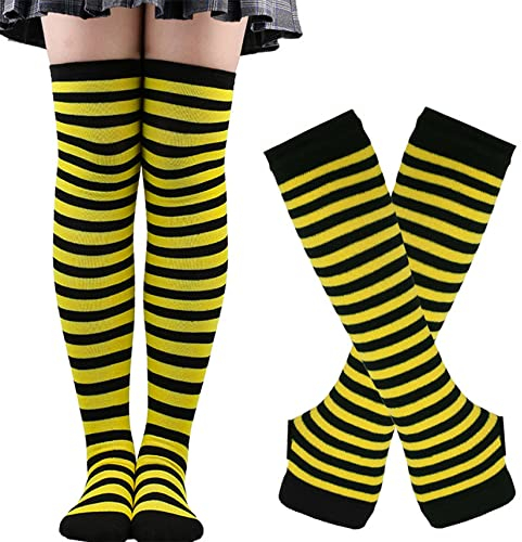 Thajaling Damen Socken,Gestreifte Warme Fingerlose Handschuhe Kniehohe Socken Set,Mädchen Cosplay Gestreifte Lange Socken Hole Fäustlinge Handschuhe für Halloween (Gelb/Schwarz)