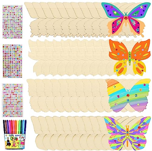 Schmetterling Bastelset, 40 Stück Schmetterlinge Holz Kindergeburtstag Basteln, Schmetterlinge Deko Holzscheiben zum Bemalen, Unvollendete Schmetterling Holz mit Aquarellstift+ Paillettenaufklebern