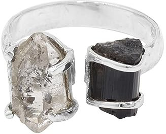 Earth Gems Jewelry Herkimer Ring Sterling Silber Ring Schwarzer Turmalin Ring Statement Ring Einzigartiger Ring Handgefertigter Ring Bestes Geschenk für Damen, Edelstein, Herkimer & schwarzer Turmalin