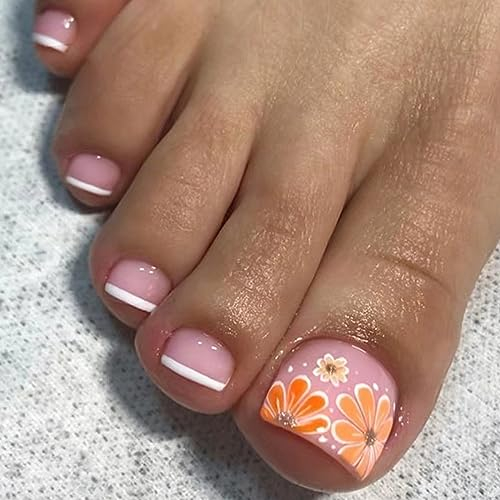 24 Pièces Court Carré Faux Ongles D'orteil Français Nude Rose Faux Ongles pour Orteil Ballerine Marguerite Jaune Acrylique Pleine Couverture Capsules Ongles Pied pour Femmes et Filles