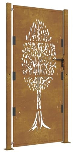 vidaXL Garden Gate with Laser-Cut Tree Design - 105x180 cm Rustic Brown, Corten Steel Construction, Lockable Door for Secure Entry, Heavy-Duty and Weather-Resistant