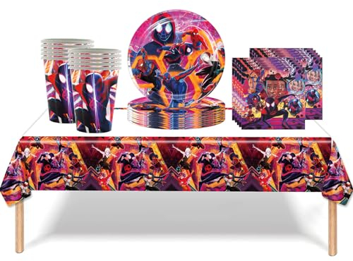 53pcs Party Tableware Set - Tablecloth, Cups, Plates, Napkins, Decorations for Birthday Picnic Party (Red Cartoon)