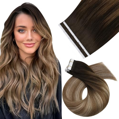 Moresoo Nahtlose Tape in Extensions Echthaar Braun Haarverlängerung Echthaar Tapes Dunkelbraun bis Goldbraun mit Honigblond Tape Extensions Echthaar Braun 40 cm 10 Stück/25g #4/10/16