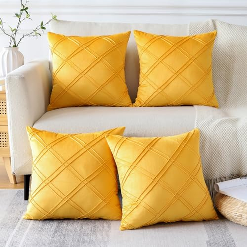 Sungeek 4er Set Samt Kissenbezüge, Dekorativ Zierkissenbezüge Weich Rautenmuster Kissenbezug Dekokissen Couchkissen Deko Bezug Kissenhülle für Sofa Schlafzimmer Wohnzimmer (45x45 cm, Senfgelb)
