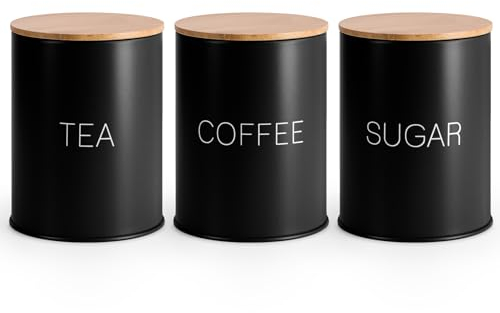 EHC Tea Sugar Coffee Canisters, Tea Sugar Coffee Containers Set of 3, Airtight Containers Jars, Black