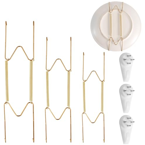 lasuroa 3 Sets Plate Rack Hangers for Wall, 6/8/10 Inches W-Shaped Plate Hanging Hooks, Decorative Vertical Plate Mount Holders for Wall, Invisible Dish Stand for Display Antique Arts