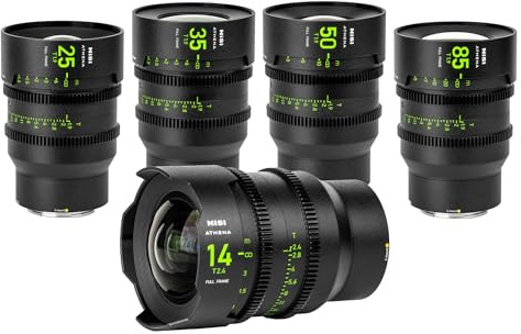 NiSi Athena Prime Cine Objektiv Set für Sony E-Mount | (Ohne Drop-In-Filter) Inkl. 14mm T2.4, 25mm, 35mm, 50mm, 85mm T1.9, 4x5,65 Black Mist 1/8, 4x5,65 Polfilter